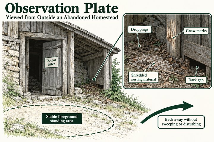 Illustration from What People Left Behind: an observation plate of an old cabin, checked before stepping inside