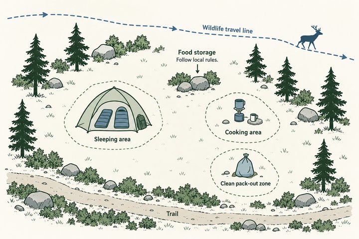 Illustration from Who Was Here First: a campsite set among the conifers, clear of game trails